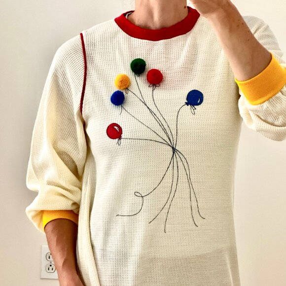Vintage 70s Pom Pom Balloon Primary Colors Waffle Knit Long Sleeve Nightgown - Picture 2 of 5